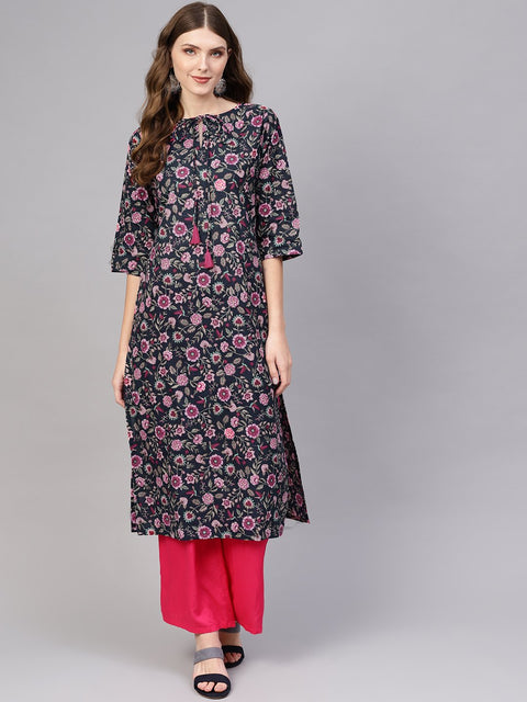 Blue & pink Floral Printed Straight kurta with Keyhole neck & 3/4 sleeves