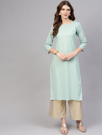 Sea Green checked Straight  Kurta with Mandarin collar & 3/4 sleeves