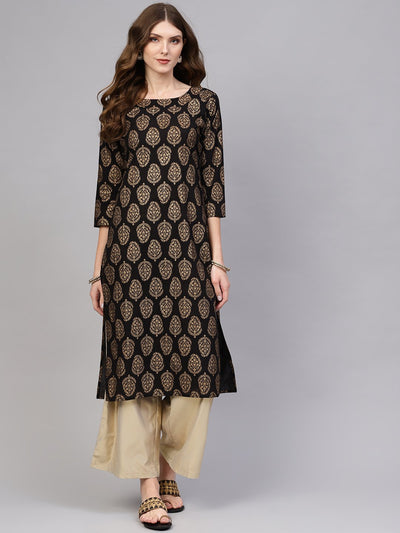 Black gold Printed Straight kurta with Round neck & 3/4 sleeves