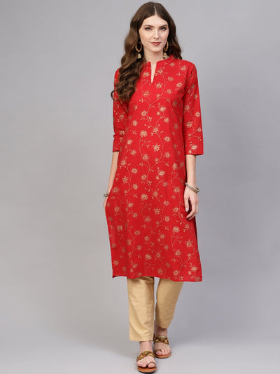 Red Gold printed Straight Kurta with Round neck & 3/4 sleeves