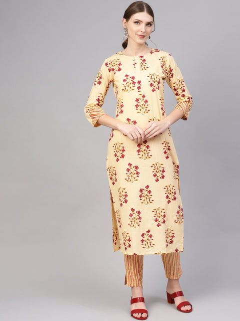 Women Cream-Coloured & Magenta Printed Kurta with Trousers