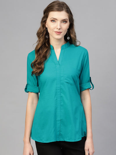 Turquoise Blue top with Mandarin Collar & 3/4 sleeves