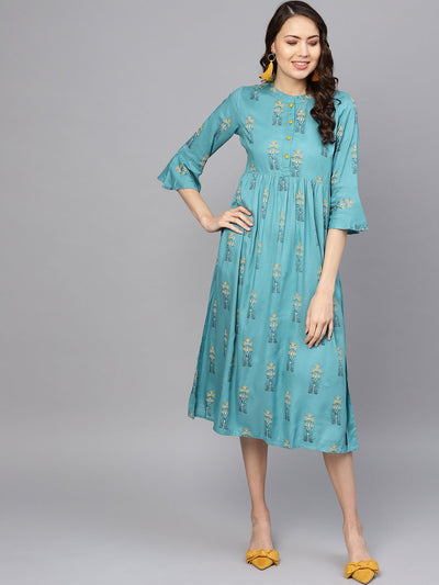 Blue Printed maxi dress with Mandarin Collar & flared sleeves
