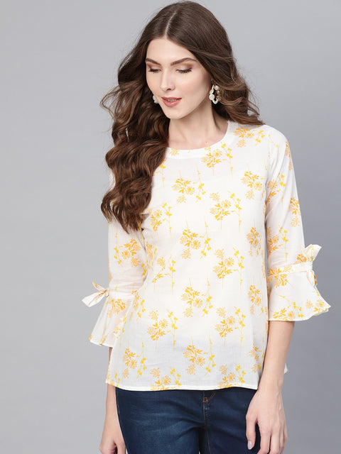 White & yellow Floral Printed Top with Round Neck & Flared sleeves