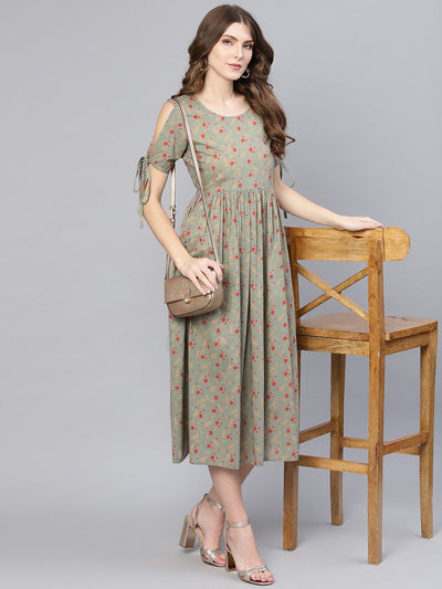 Slate grey Multi colored Floral printed dress with Round Neck &  slited Sleeves with Knot style