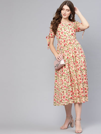 Beige & pink Floral Printed  dress with Round Neck & slited Sleeves with Knot style
