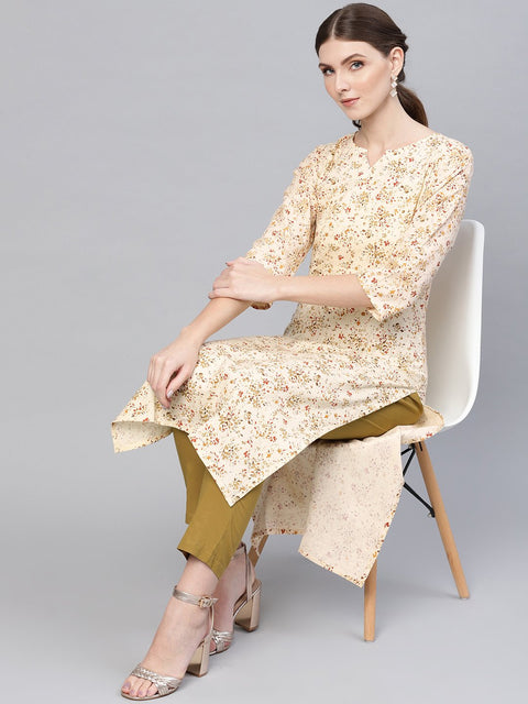 Cream Multi Colored Floral printed Kurta set with Olive green Pants