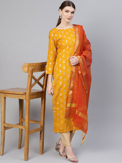 Yellow Ochre Gold floral printed Straight Kurta Set & Solid light beige straight Pants with Orange Chandri dupatta