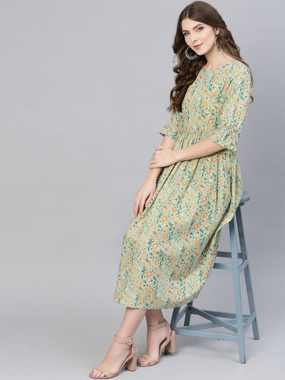 Green Multi Colored Floral Printed Pleated Dress with Boat Neck & 3/4 flared sleeves