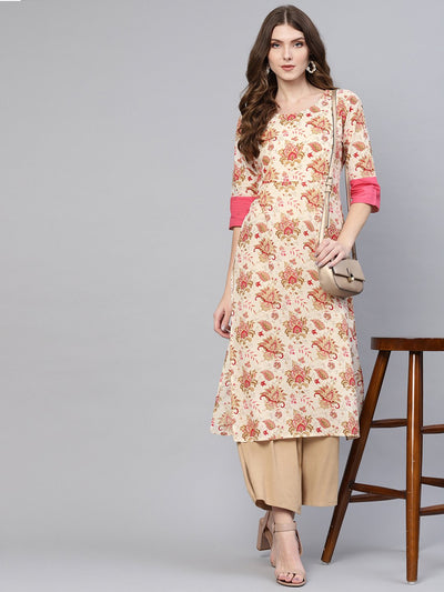 Off -White & pink Floral printed Straight Kurta with Round Neck & 3/4 Sleeves with solid cuff