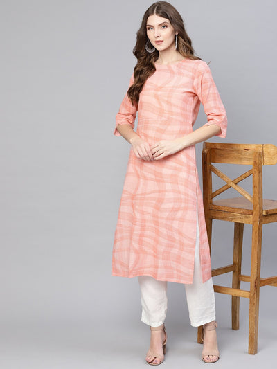 Pink abstract checks printed round neck with back keyhole 3/4th sleeves straight kurta