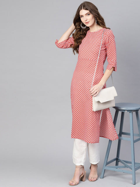 Red floral printed round neck with back keyhole 3/4th sleeves straight kurta