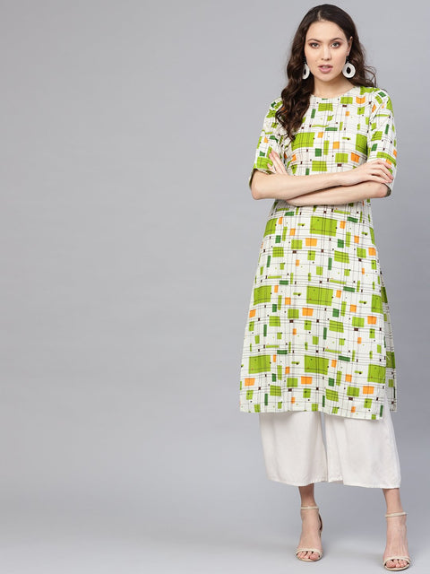 White and green checks printed round neck with back keyhole 3/4th sleeves straight kurta