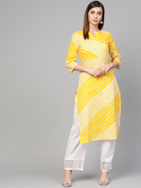 Aasi - House of Nayo Yellow and white leheriya printed boat neck with V-slit and 3/4th bell sleeves staright kurta