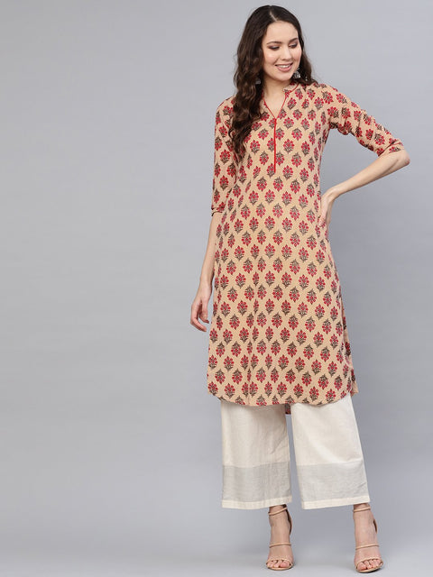 Red and white geometrical printed boat neck with V-slit and 3/4th bell sleeves staright kurta