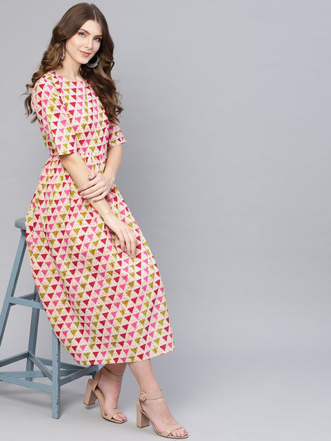 Cream multicolored printed round neck elbow sleeves gathered maxi dress