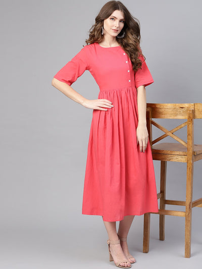 Coral Pink round neck elbow sleeves midi gathered dress