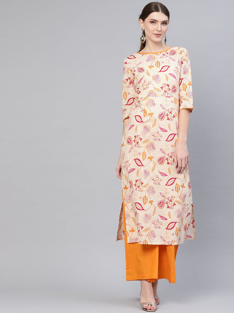 Cream and orange floral printed boat neck 3/4th sleeves straight kurta with palazzos