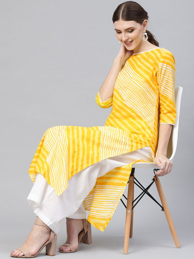 Yellow and white leheriya printed boat neck 3/4th sleeves straight kurta with palazzos