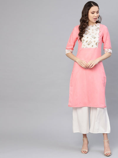 Pink and white printed yoke design boat neck side buttons 3/4th sleeves straight kurta