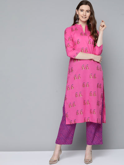 AASI - HOUSE OF NAYO Women Floral Pink with gold printed chinese collared with 3/4th sleeves straight kurta with pink leheriya printed pants