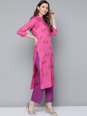 AASI - HOUSE OF NAYO Women Floral Pink with gold printed chinese collared with 3/4th sleeves straight kurta with pink leheriya printed pants