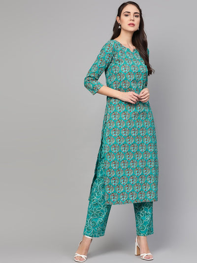 Aasi - House of Nayo Green & white khadi floral printed round neck with a v-slit and 3/4th sleeves straight kurta with green jaal printed pants