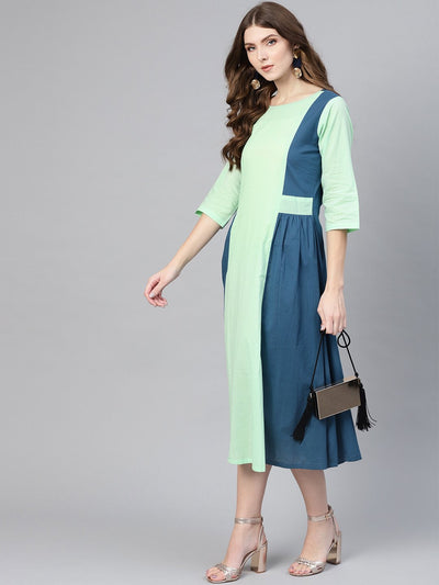 Women Sea Green & Navy Blue Colourblocked A-Line Dress
