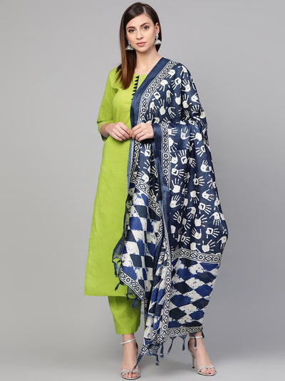 Solid green silver gota detailing straight kurta with triangled detailing on the yoke along with the solid green pants and quirky printed navy blue dupatta