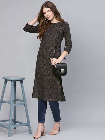 Black self printed round neck with 3/4th sleeves straight kurta