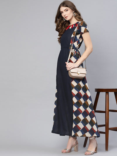 Navy blue & cream geometric multi printed with a round neck and short sleeves maxi dress