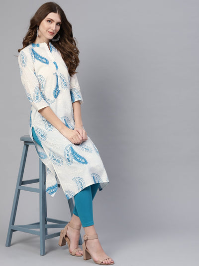 White khadi with blue floral printed chinese collared having 3/4th sleeves straight kurta