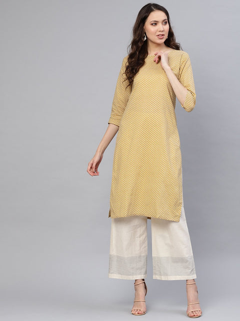 Cream geometric printed straight kurta with round neck and 3/4th sleeves