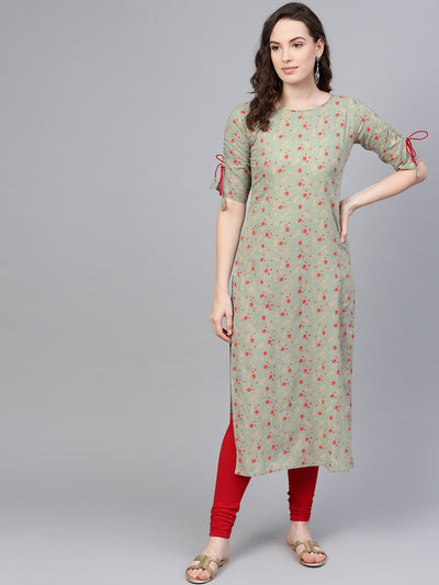 Green floral printed straight kurta with Round & detailed sleeves