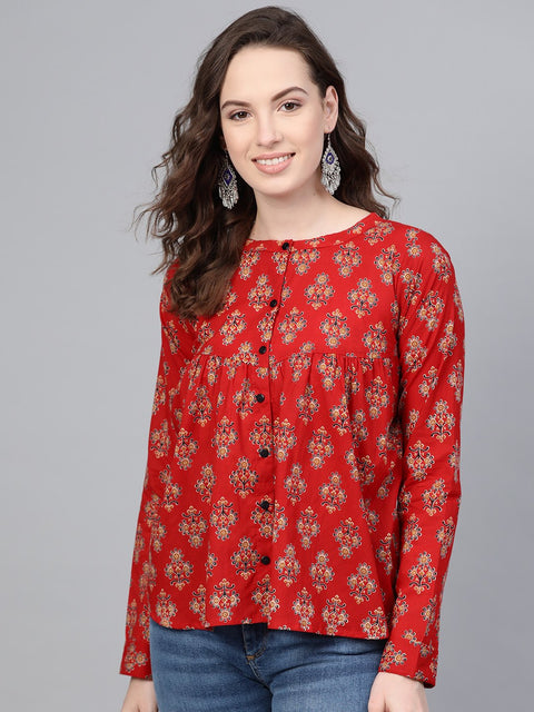 Red & Beige Printed Top with Round neck & full sleeves