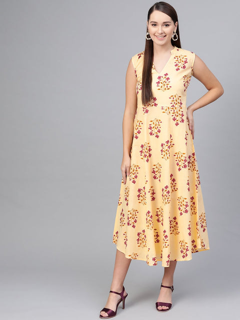 Cream Multi Colored Floral Sleeveless A- line dress with Mandarin Color