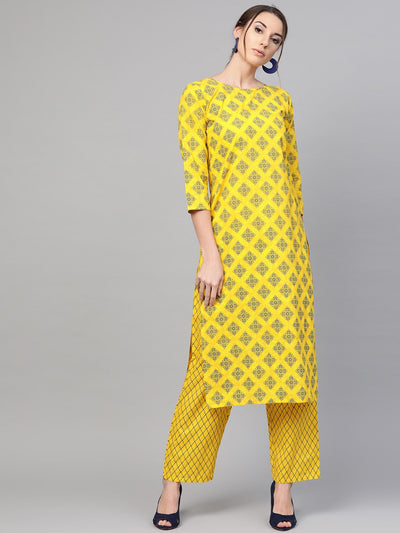 Yellow & Blue Geometric Printed Kurta set with Straight Pant