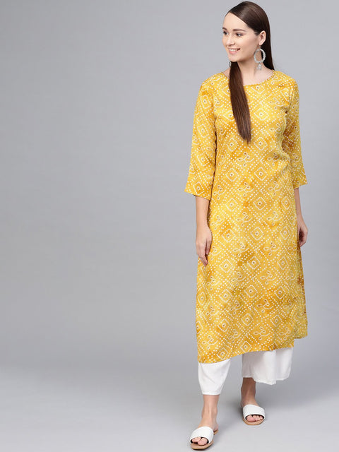 Yellow ochre Bandhani Straight kurta with Round neck & 3/4 sleeves