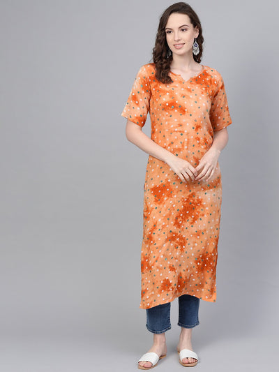 Rusty Orange Bandhani Straight kurta with Round neck & Half sleeves