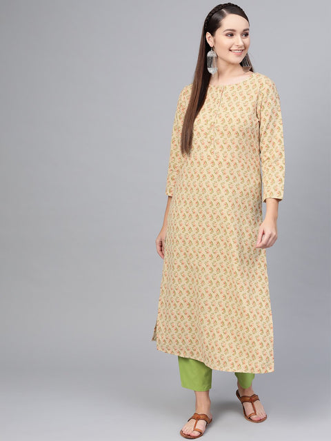 Beige Floral Printed Kurta Set with solid green Pants