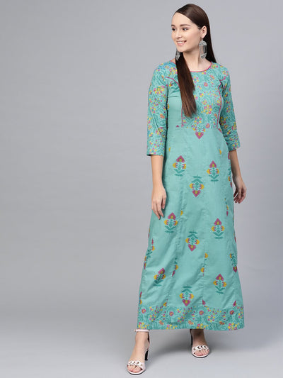 Green Multi colored printed Maxi dress with Round neck & 3/4 sleeves