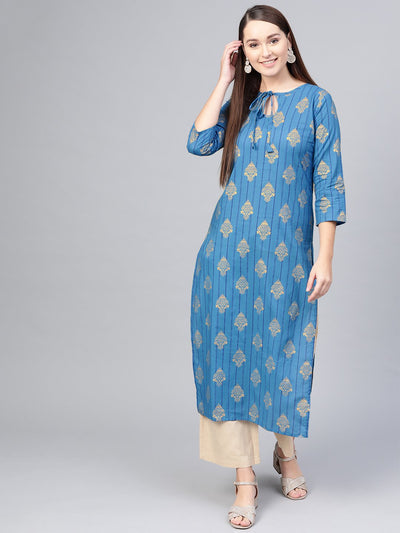 Cobalt blue Gold printed Striaght kurta with Keyhole neck & 3/4 sleeves