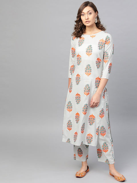 Light Grey & Orange Multi Colored Printed Kurta set with Pant