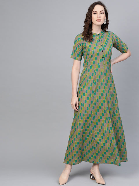 Sage green Multi colored Geometric printed Maxi dress with Mandarin Collar & half sleeves