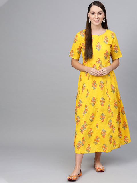 Yellow & Orange Printed maxi dress with Round neck & half sleeves