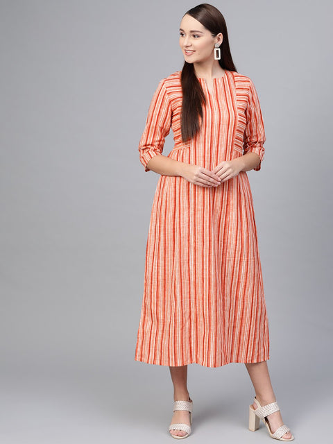 Peach Stripped  Midi dress with Round Neck With V & 3/4 sleeves