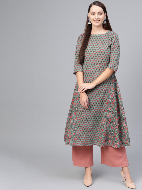 Sage green Floral Printed A-line kurta with Boat Neck & 3/4 sleeves