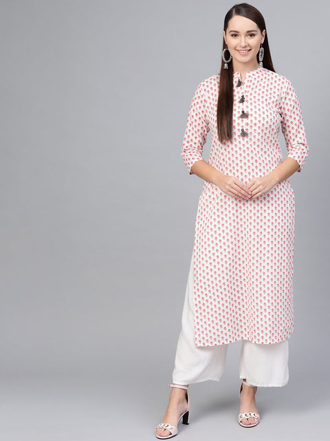 Off-white & pink Printed straight kurta with Mandarin Collar with detailed placket & 3/4 sleeves