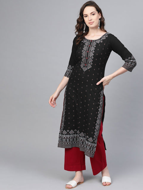 Black & White printed Straight Kurta with Round neck & 3/4 sleeves