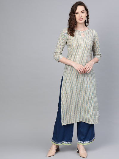 Off- White printed Straight Kurta with Key hole neck & 3/4 sleeves